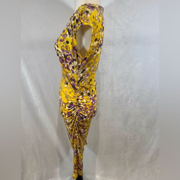 Beautiful yellow and purple abstract print keyhole ruched stretch dress medium - Picture 3 of 8